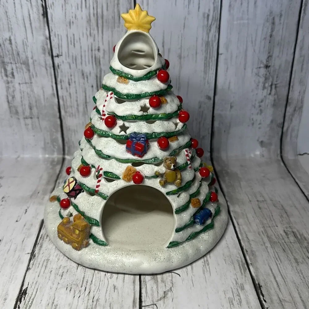 PartyLite Ceramic‎ Christmas Market Evergreen Tree Candle Holder 8.5